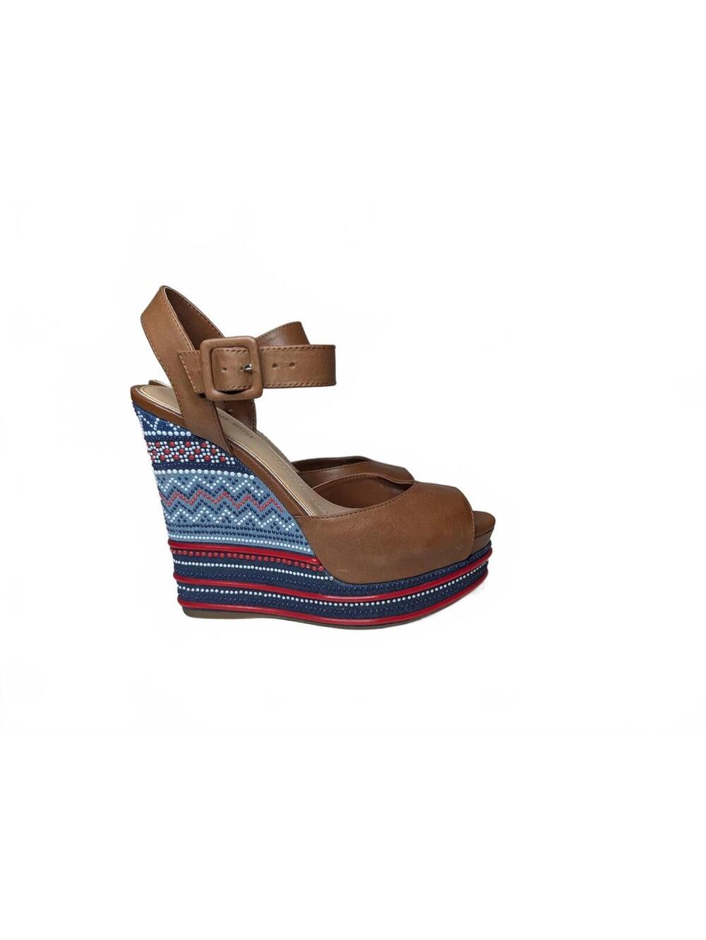 Gianni Bini Embroidered Platform Wedge Sandal with Faux-Leather Straps Size 7.5
